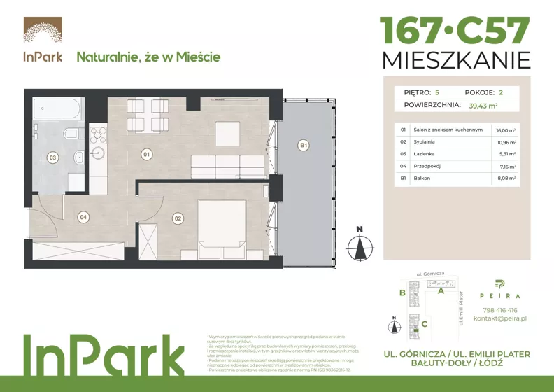 2 pokoje, mieszkanie 39,57 m², piętro 5, oferta nr 167, InPark, Łódź, Bałuty, ul. Górnicza 31