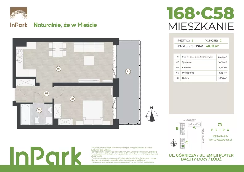 2 pokoje, mieszkanie 48,69 m², piętro 5, oferta nr 168, InPark, Łódź, Bałuty, ul. Górnicza 31