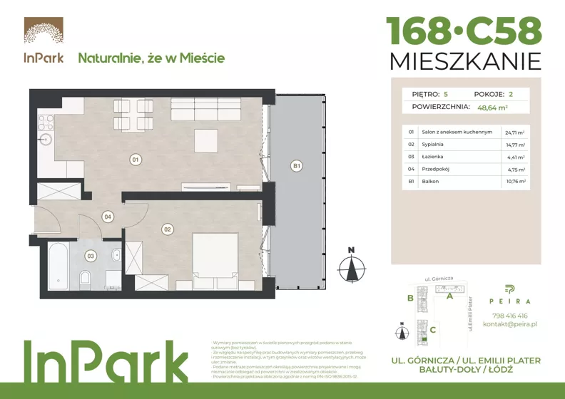 2 pokoje, mieszkanie 48,69 m², piętro 5, oferta nr 168, InPark, Łódź, Bałuty, ul. Górnicza 31