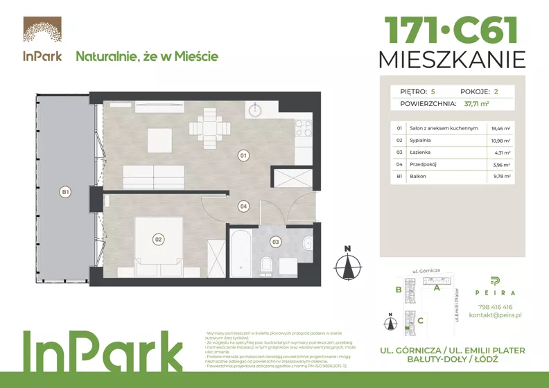 2 pokoje, mieszkanie 37,71 m², piętro 5, oferta nr 171, InPark, Łódź, Bałuty, ul. Górnicza 31