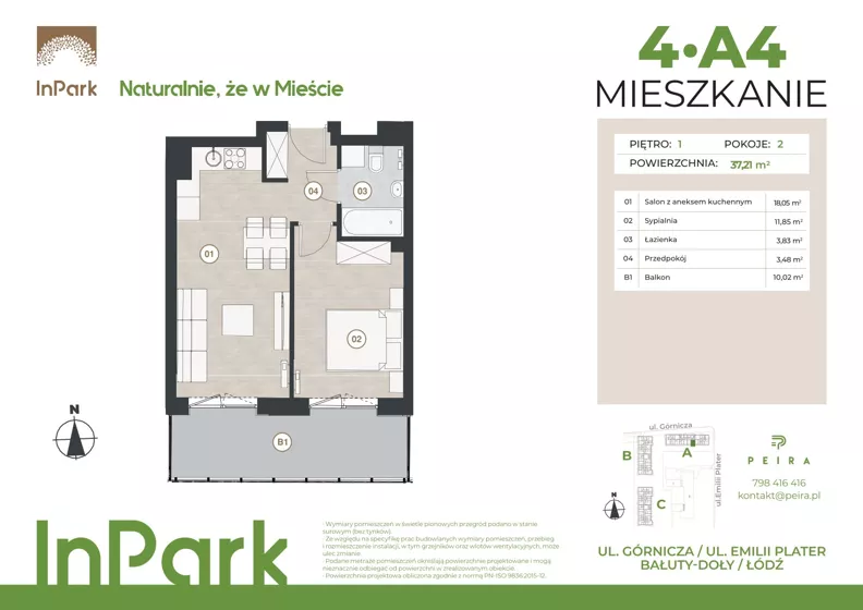 2 pokoje, mieszkanie 37,35 m², piętro 1, oferta nr 4, InPark, Łódź, Bałuty, ul. Górnicza 31
