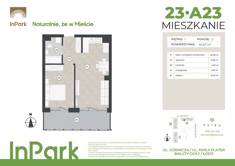 2 pokoje, mieszkanie 40,67 m², piętro 1, oferta nr 23, InPark, Łódź, Bałuty, ul. Górnicza 31