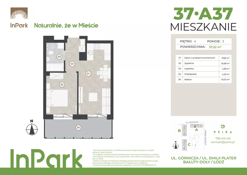2 pokoje, mieszkanie 37,22 m², piętro 4, oferta nr 37, InPark, Łódź, Bałuty, ul. Górnicza 31