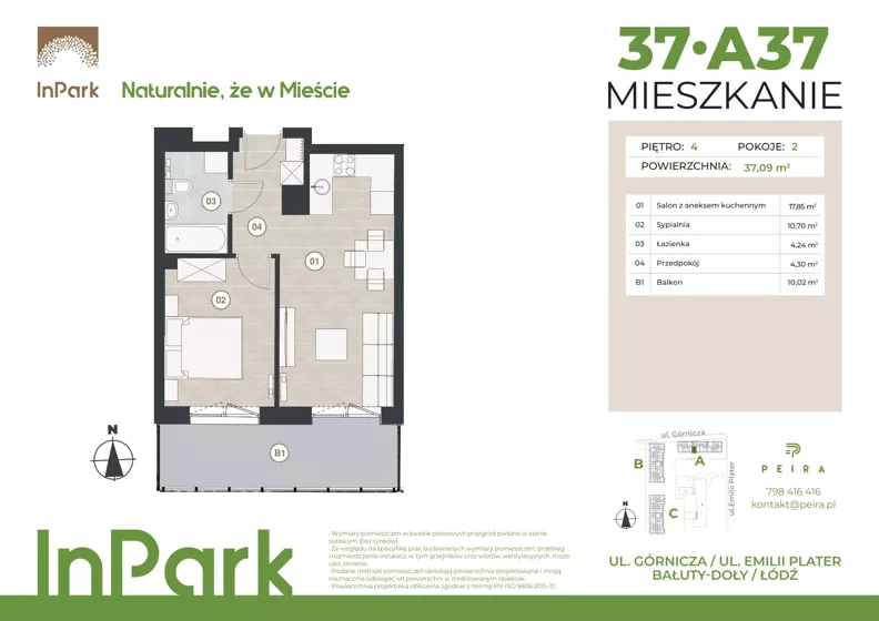 2 pokoje, mieszkanie 37,22 m², piętro 4, oferta nr 37, InPark, Łódź, Bałuty, ul. Górnicza 31