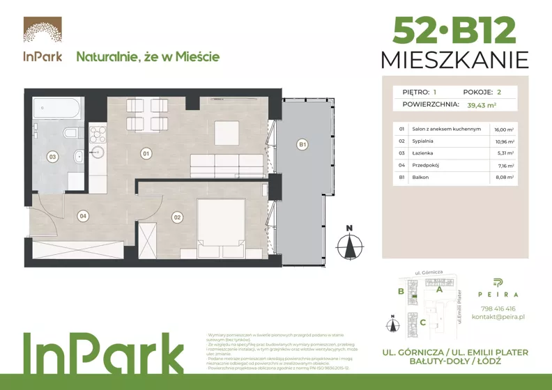 2 pokoje, mieszkanie 39,35 m², piętro 1, oferta nr 52, InPark, Łódź, Bałuty, ul. Górnicza 31