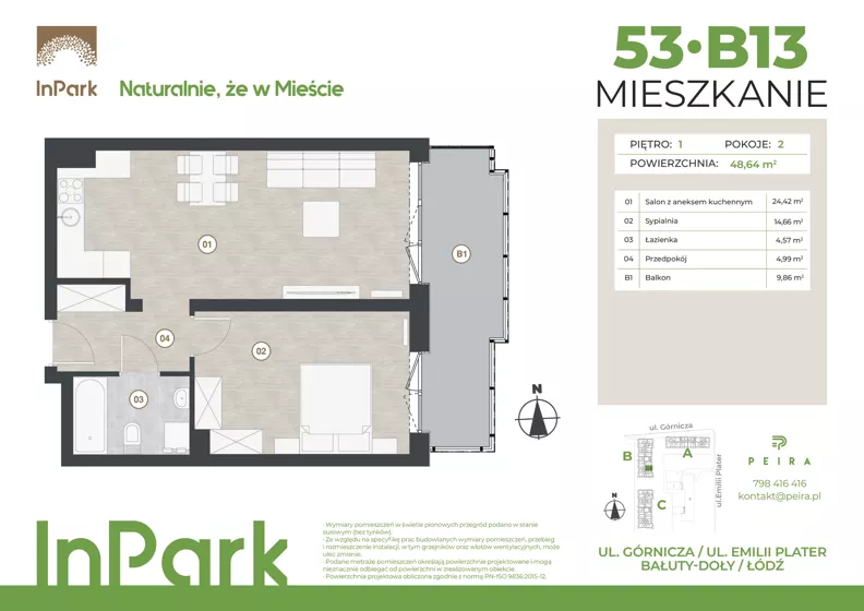 2 pokoje, mieszkanie 48,64 m², piętro 1, oferta nr 53, InPark, Łódź, Bałuty, ul. Górnicza 31