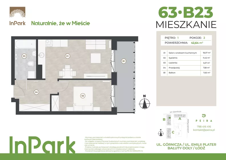 2 pokoje, mieszkanie 42,64 m², piętro 1, oferta nr 63, InPark, Łódź, Bałuty, ul. Górnicza 31