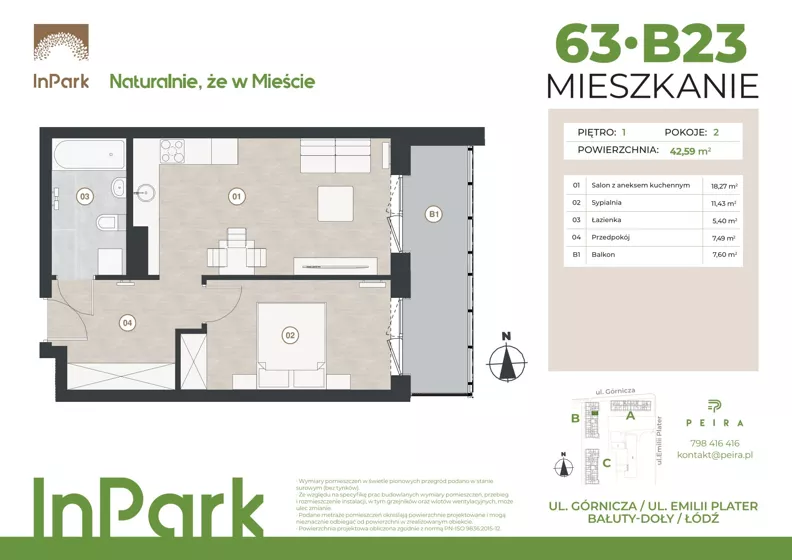 2 pokoje, mieszkanie 42,64 m², piętro 1, oferta nr 63, InPark, Łódź, Bałuty, ul. Górnicza 31