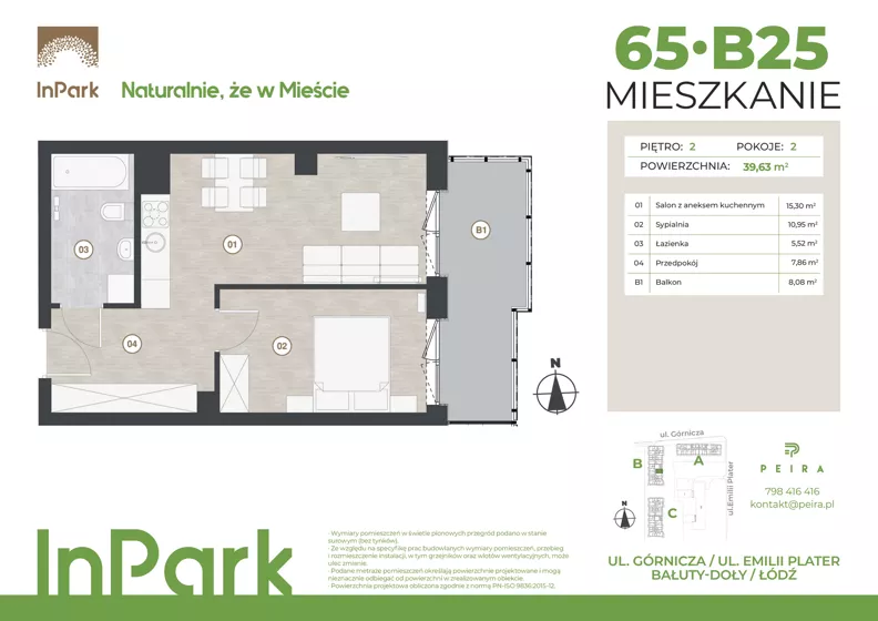 2 pokoje, mieszkanie 39,63 m², piętro 2, oferta nr 65, InPark, Łódź, Bałuty, ul. Górnicza 31