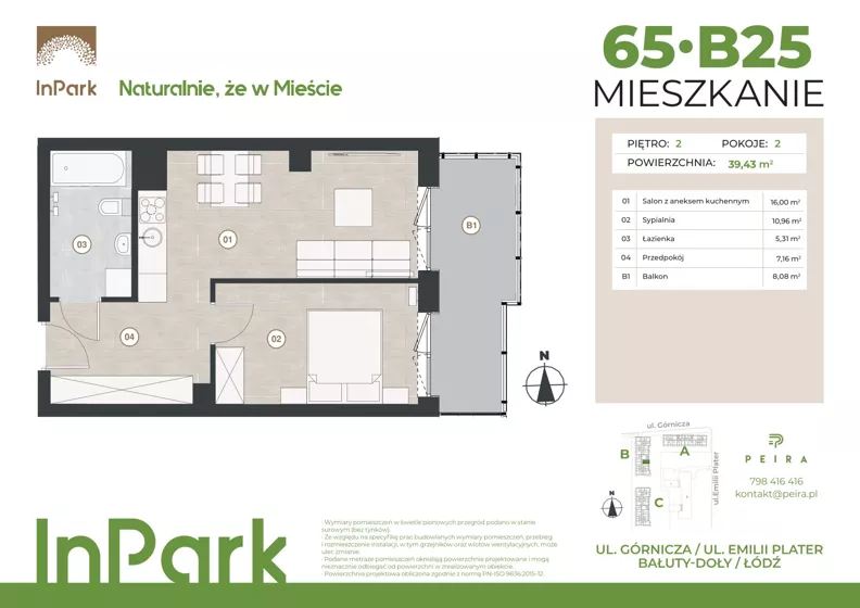 2 pokoje, mieszkanie 39,63 m², piętro 2, oferta nr 65, InPark, Łódź, Bałuty, ul. Górnicza 31