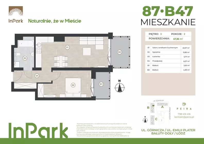 2 pokoje, mieszkanie 47,47 m², piętro 3, oferta nr 87, InPark, Łódź, Bałuty, ul. Górnicza 31
