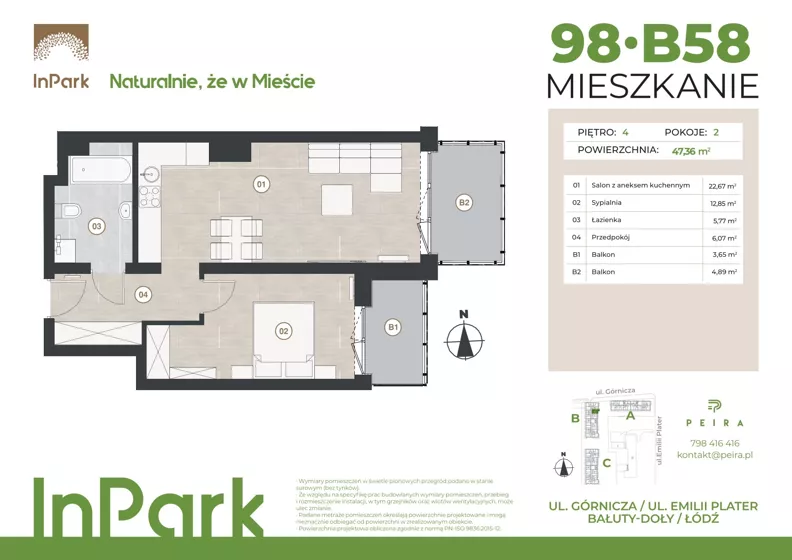 2 pokoje, mieszkanie 47,49 m², piętro 4, oferta nr 98, InPark, Łódź, Bałuty, ul. Górnicza 31