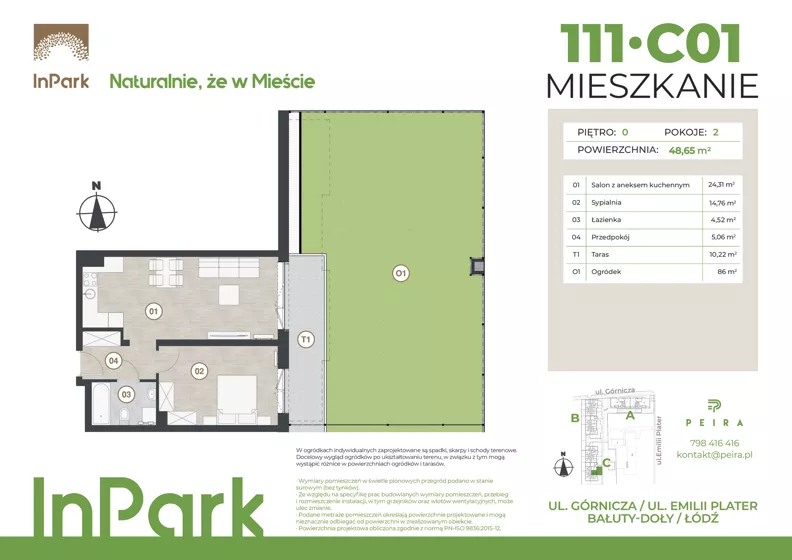 2 pokoje, mieszkanie 48,65 m², parter, oferta nr 111, InPark, Łódź, Bałuty, ul. Górnicza 31