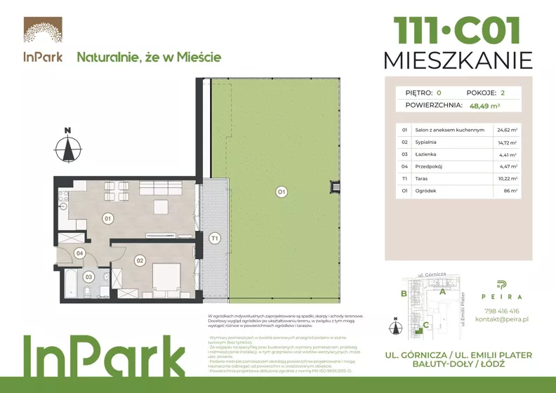 2 pokoje, mieszkanie 48,65 m², parter, oferta nr 111, InPark, Łódź, Bałuty, ul. Górnicza 31