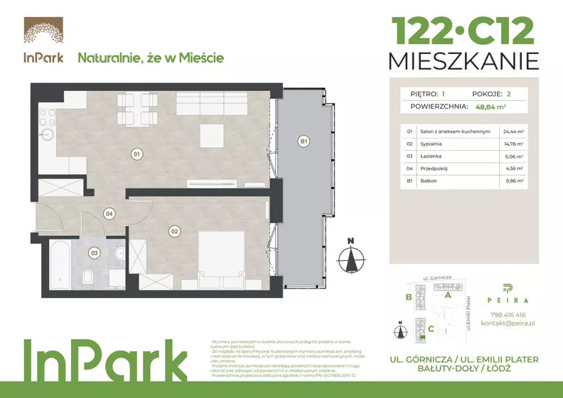 2 pokoje, mieszkanie 48,84 m², piętro 1, oferta nr 122, InPark, Łódź, Bałuty, ul. Górnicza 31