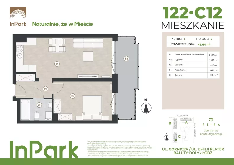 2 pokoje, mieszkanie 48,84 m², piętro 1, oferta nr 122, InPark, Łódź, Bałuty, ul. Górnicza 31