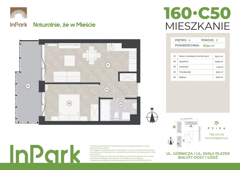 2 pokoje, mieszkanie 37,64 m², piętro 4, oferta nr 160, InPark, Łódź, Bałuty, ul. Górnicza 31