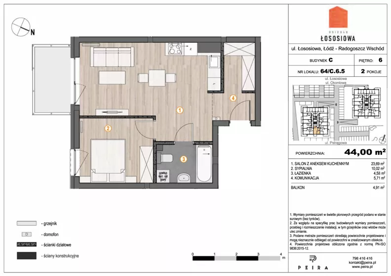 2 pokoje, mieszkanie 44,00 m², piętro 6, oferta nr 64, Osiedle Łososiowa, Łódź, Bałuty, Radogoszcz, ul. Okoniowa 11-13