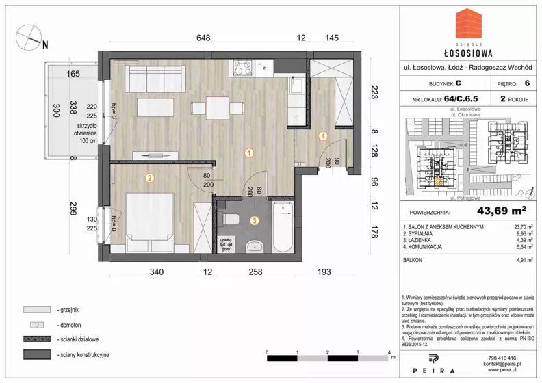 2 pokoje, mieszkanie 44,00 m², piętro 6, oferta nr 64, Osiedle Łososiowa, Łódź, Bałuty, Radogoszcz, ul. Okoniowa 11-13