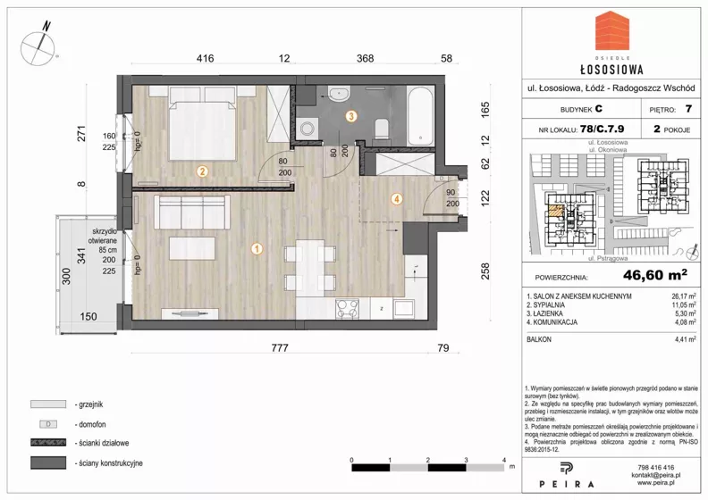 2 pokoje, mieszkanie 46,95 m², piętro 7, oferta nr 78, Osiedle Łososiowa, Łódź, Bałuty, Radogoszcz, ul. Okoniowa 11-13
