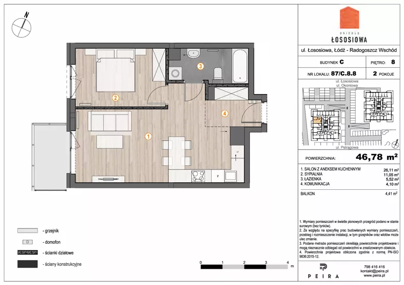 2 pokoje, mieszkanie 46,78 m², piętro 8, oferta nr 87, Osiedle Łososiowa, Łódź, Bałuty, Radogoszcz, ul. Okoniowa 11-13