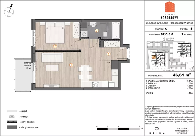 2 pokoje, mieszkanie 46,78 m², piętro 8, oferta nr 87, Osiedle Łososiowa, Łódź, Bałuty, Radogoszcz, ul. Okoniowa 11-13
