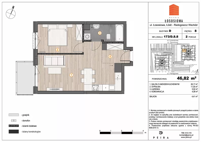 2 pokoje, mieszkanie 46,82 m², piętro 8, oferta nr 173, Osiedle Łososiowa, Łódź, Bałuty, Radogoszcz, ul. Okoniowa 11-13