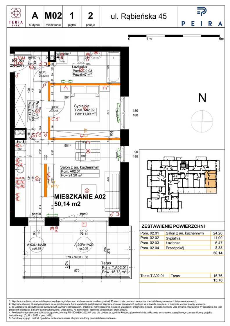 2 pokoje, mieszkanie 50,14 m², piętro 1, oferta nr A02, Teria Park, Łódź, Polesie, Złotno, ul. Rąbieńska 45