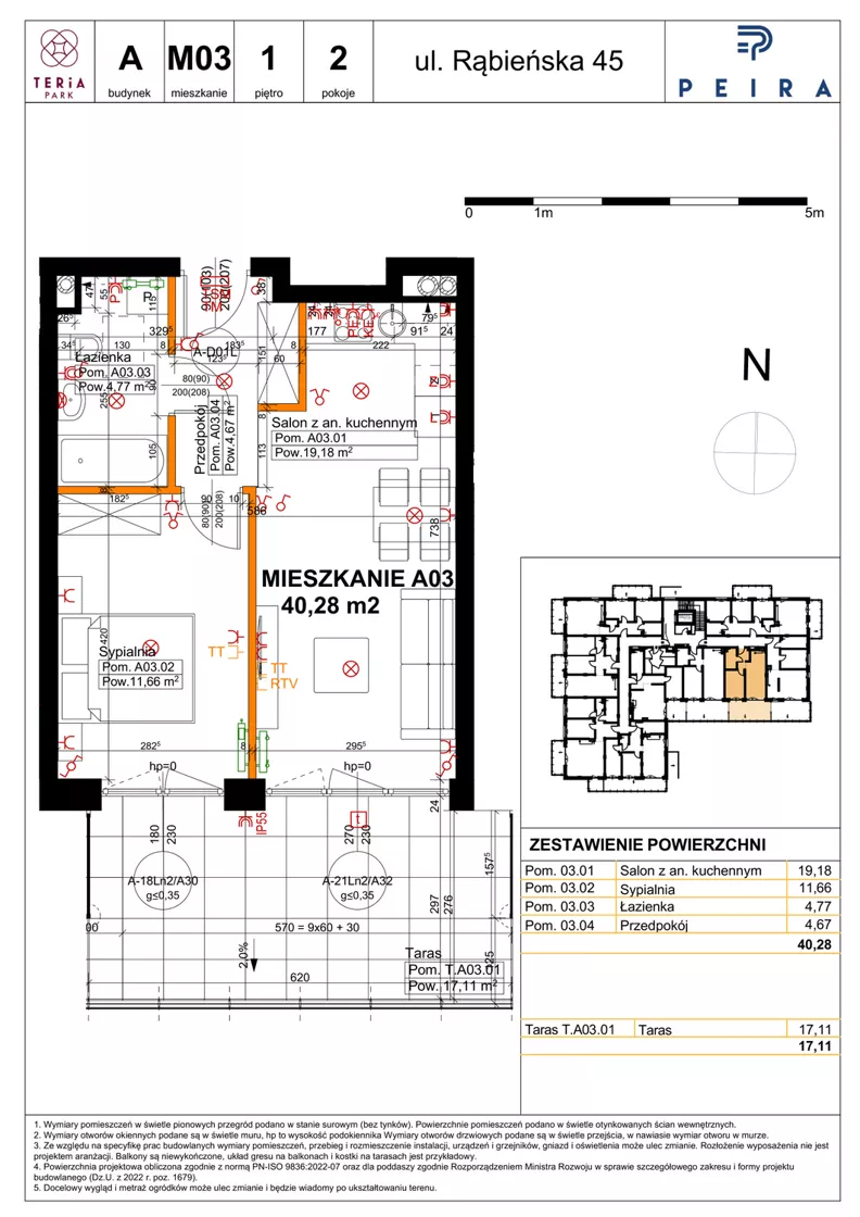2 pokoje, mieszkanie 40,28 m², piętro 1, oferta nr A03, Teria Park, Łódź, Polesie, Złotno, ul. Rąbieńska 45