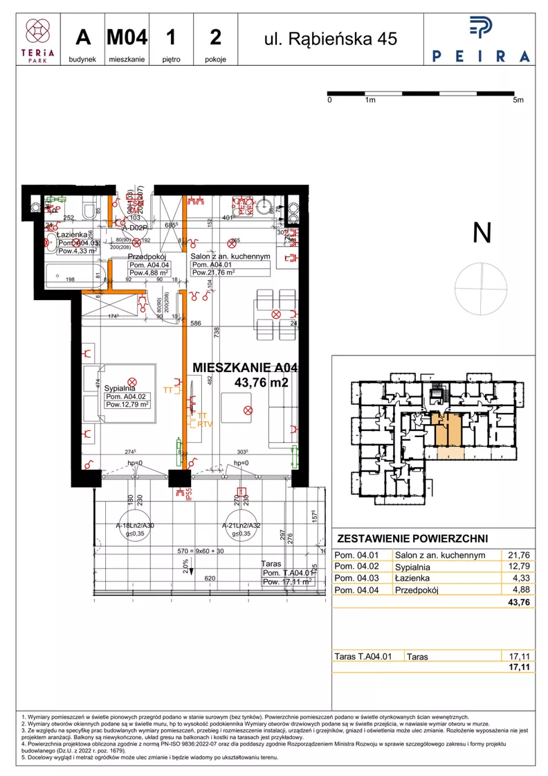 2 pokoje, mieszkanie 43,76 m², piętro 1, oferta nr A04, Teria Park, Łódź, Polesie, Złotno, ul. Rąbieńska 45
