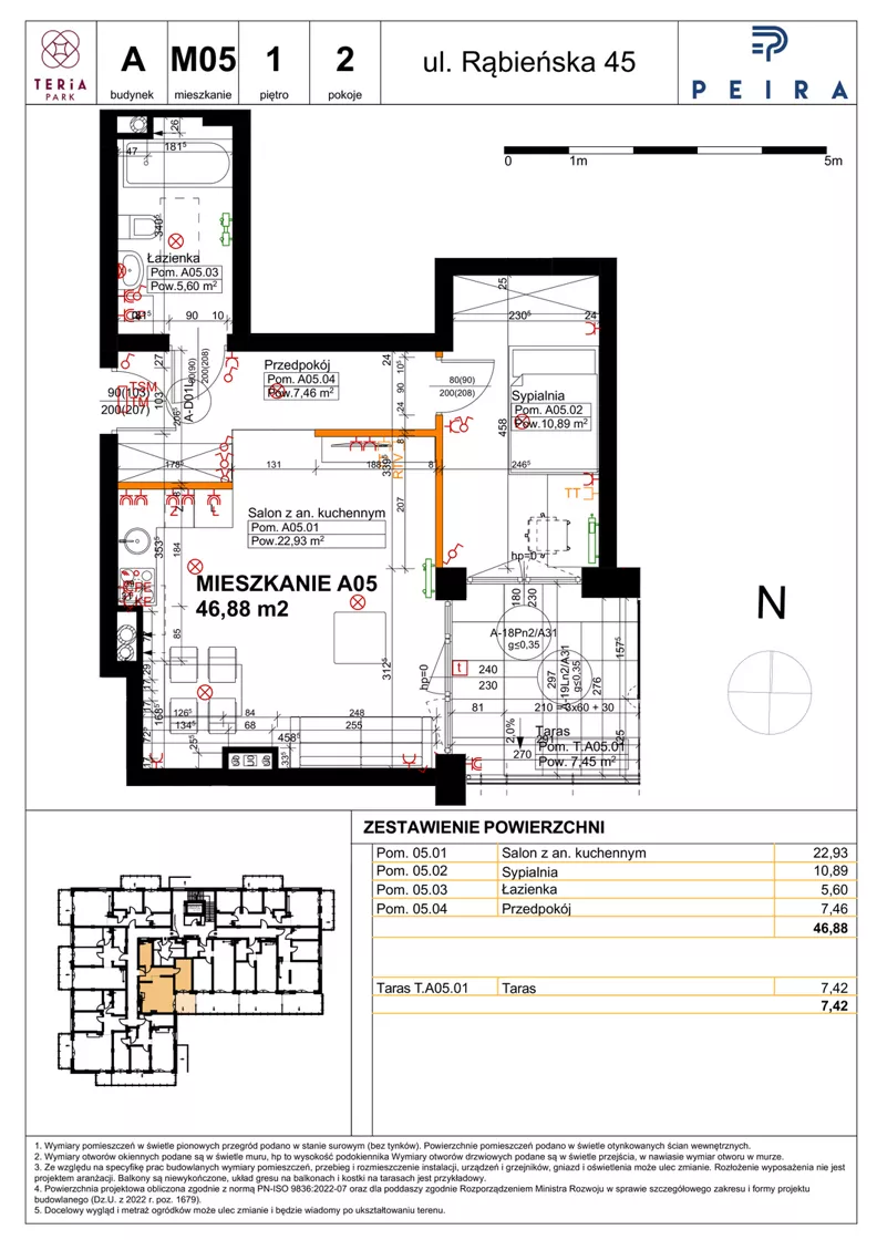 2 pokoje, mieszkanie 46,88 m², piętro 1, oferta nr A05, Teria Park, Łódź, Polesie, Złotno, ul. Rąbieńska 45