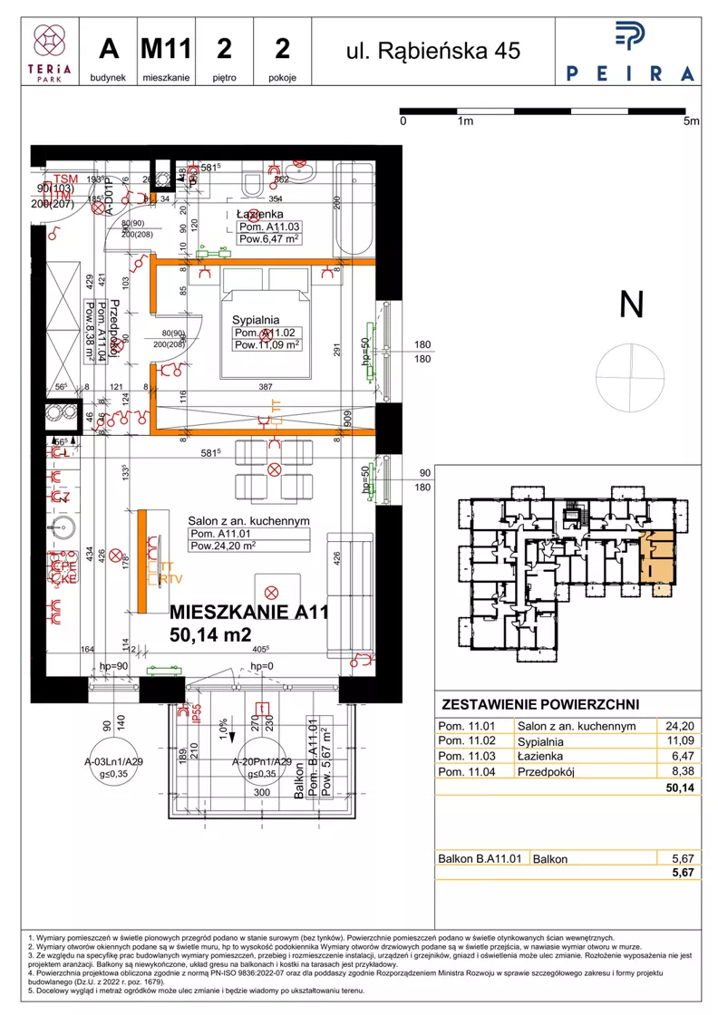 2 pokoje, mieszkanie 50,14 m², piętro 2, oferta nr A11, Teria Park, Łódź, Polesie, Złotno, ul. Rąbieńska 45