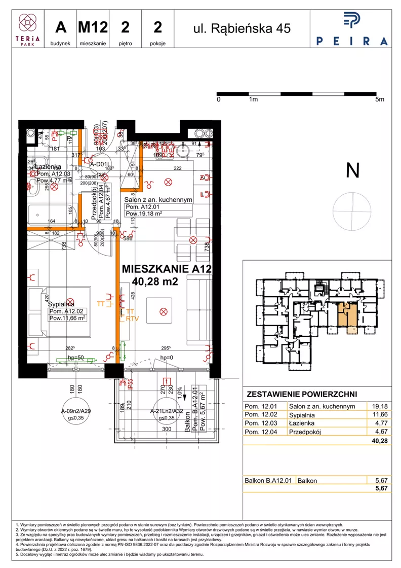 2 pokoje, mieszkanie 40,28 m², piętro 2, oferta nr A12, Teria Park, Łódź, Polesie, Złotno, ul. Rąbieńska 45