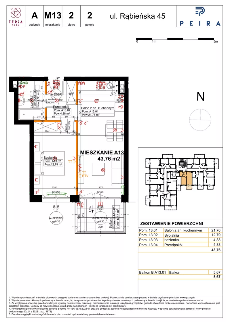 2 pokoje, mieszkanie 43,76 m², piętro 2, oferta nr A13, Teria Park, Łódź, Polesie, Złotno, ul. Rąbieńska 45