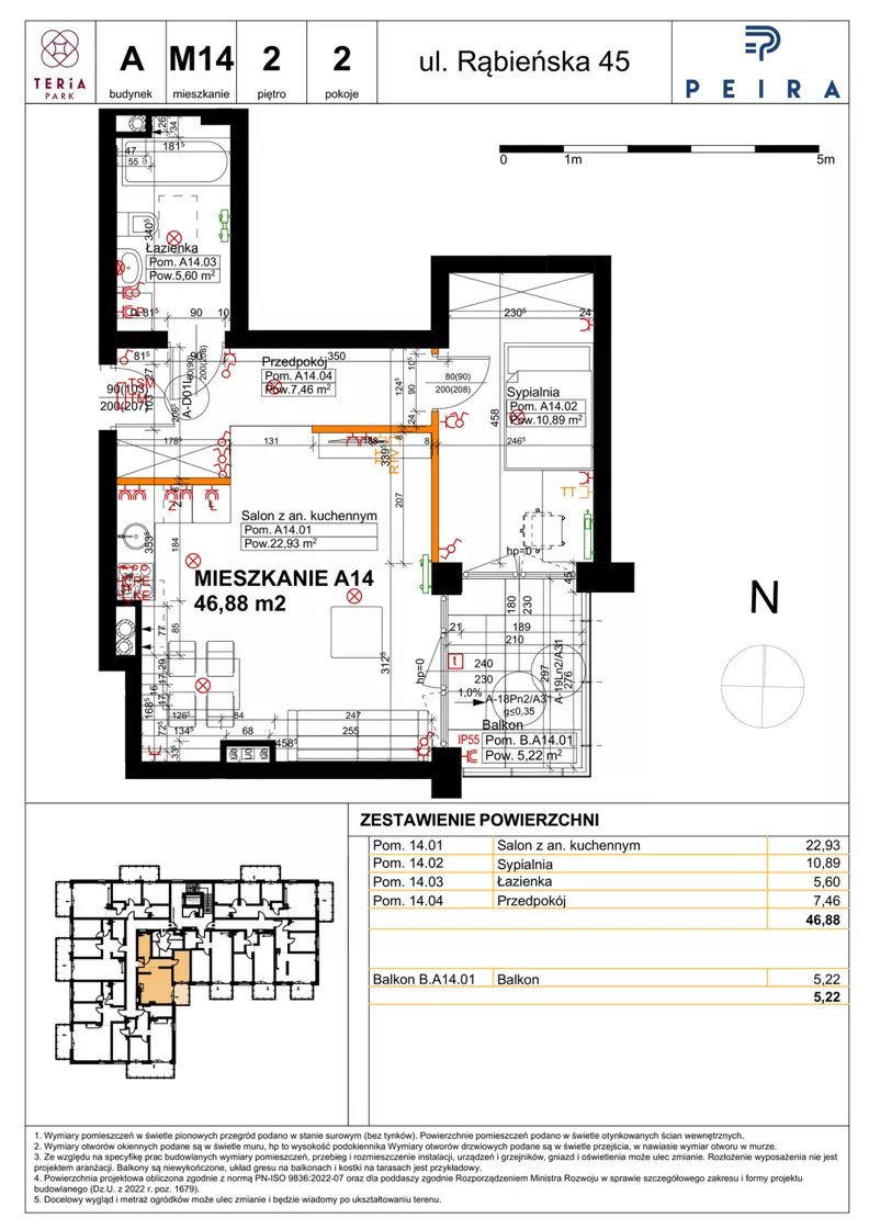 2 pokoje, mieszkanie 46,88 m², piętro 2, oferta nr A14, Teria Park, Łódź, Polesie, Złotno, ul. Rąbieńska 45