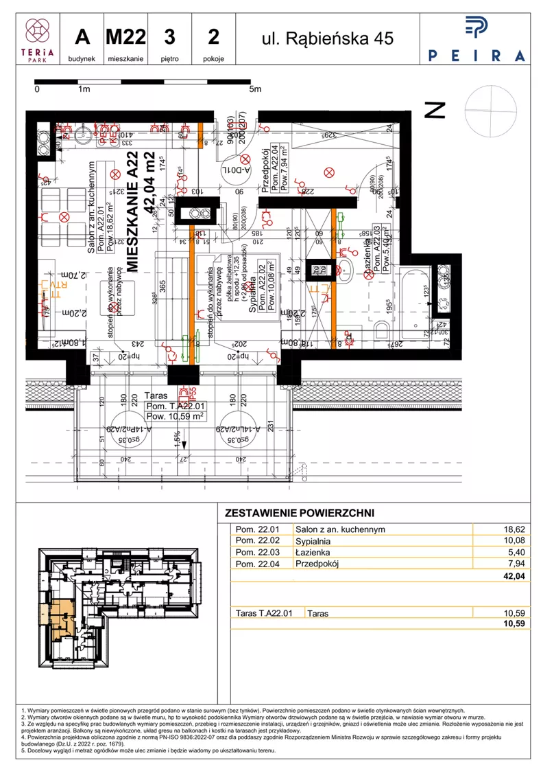 2 pokoje, mieszkanie 42,04 m², piętro 3, oferta nr A22, Teria Park, Łódź, Polesie, Złotno, ul. Rąbieńska 45