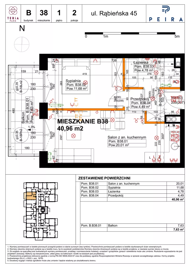2 pokoje, mieszkanie 40,96 m², piętro 1, oferta nr B38, Teria Park, Łódź, Polesie, Złotno, ul. Rąbieńska 45