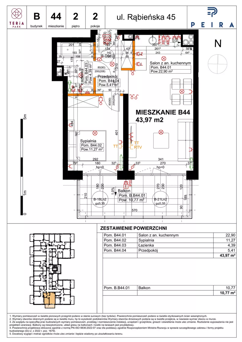 2 pokoje, mieszkanie 43,97 m², piętro 2, oferta nr B44, Teria Park, Łódź, Polesie, Złotno, ul. Rąbieńska 45