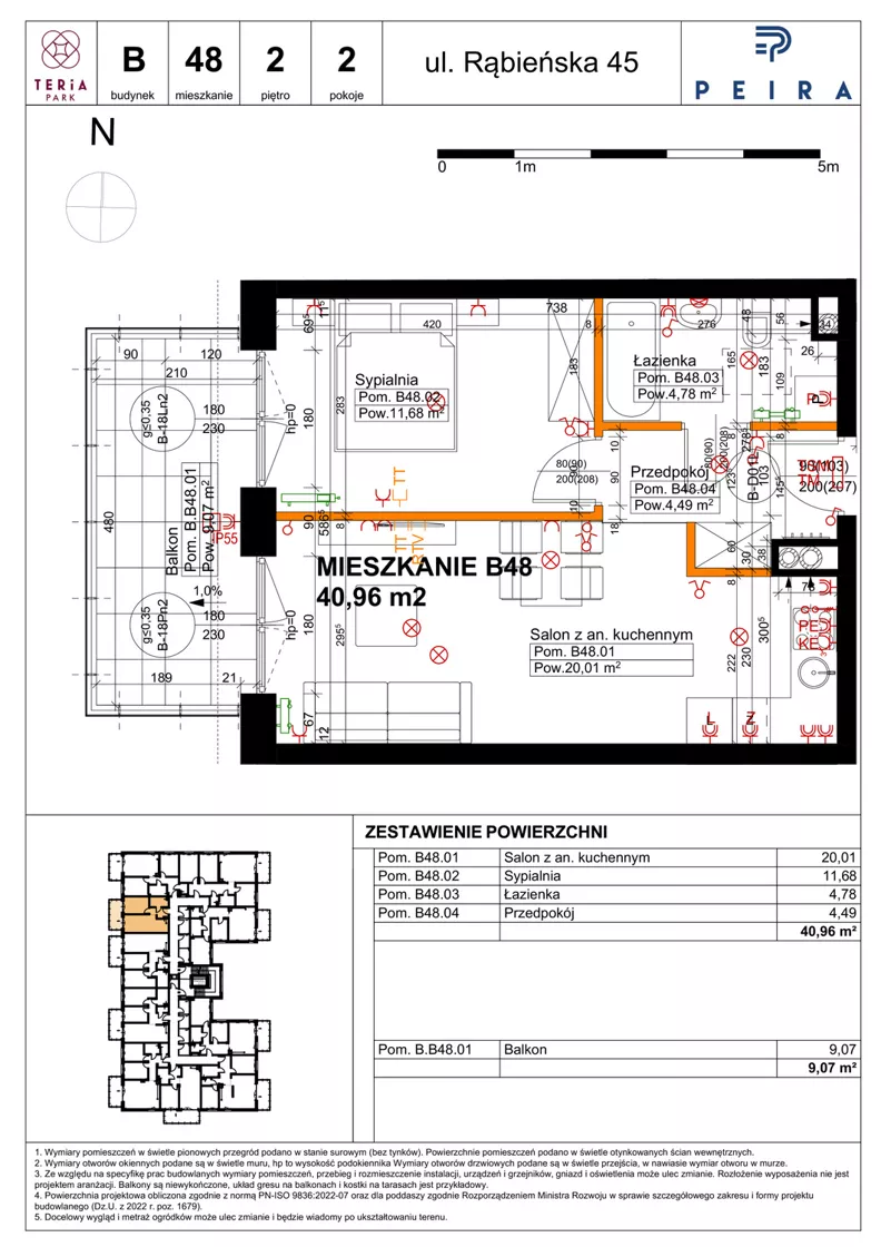 2 pokoje, mieszkanie 40,96 m², piętro 2, oferta nr B48, Teria Park, Łódź, Polesie, Złotno, ul. Rąbieńska 45