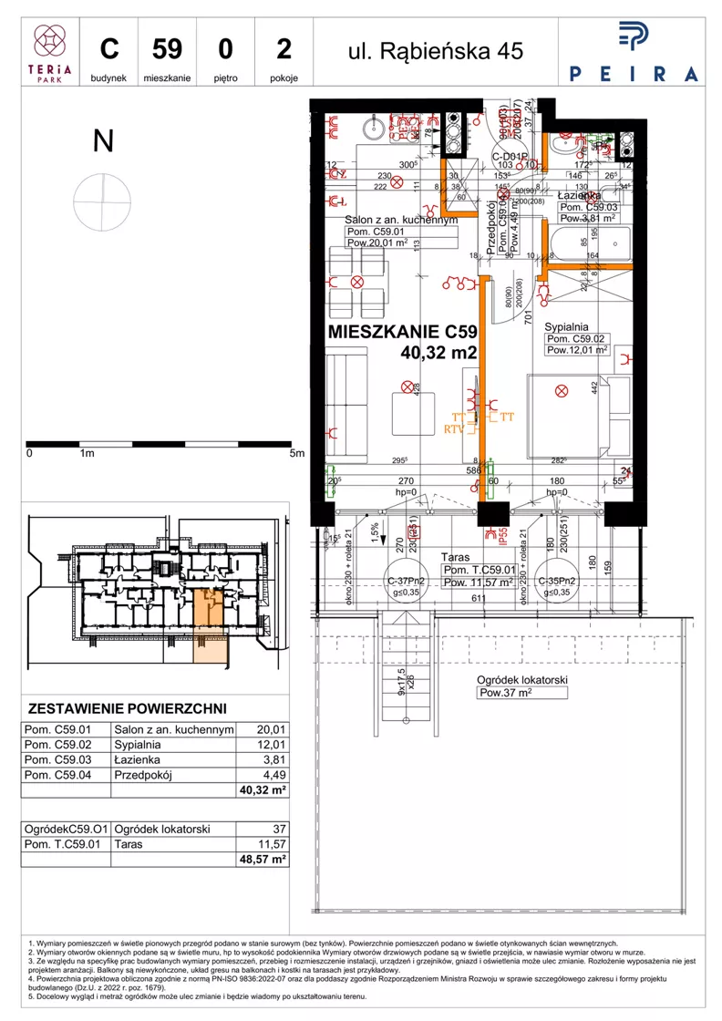 2 pokoje, mieszkanie 40,32 m², parter, oferta nr C59, Teria Park, Łódź, Polesie, Złotno, ul. Rąbieńska 45