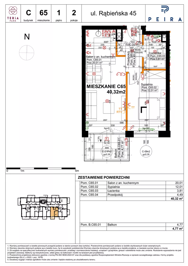 2 pokoje, mieszkanie 40,32 m², piętro 1, oferta nr C65, Teria Park, Łódź, Polesie, Złotno, ul. Rąbieńska 45