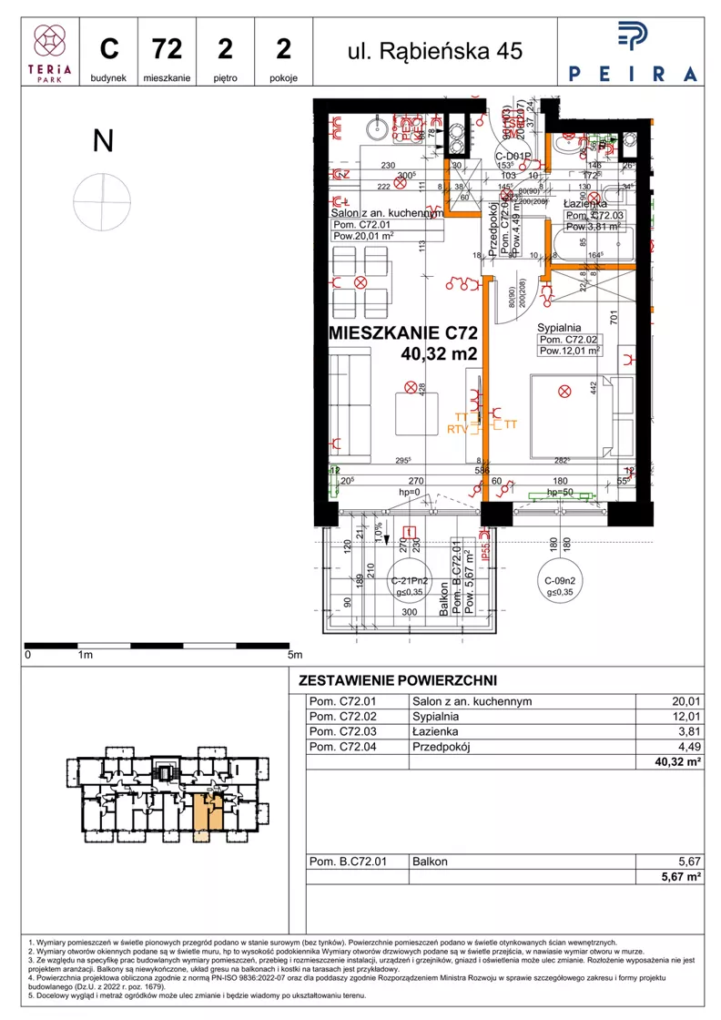 2 pokoje, mieszkanie 40,32 m², piętro 2, oferta nr C72, Teria Park, Łódź, Polesie, Złotno, ul. Rąbieńska 45