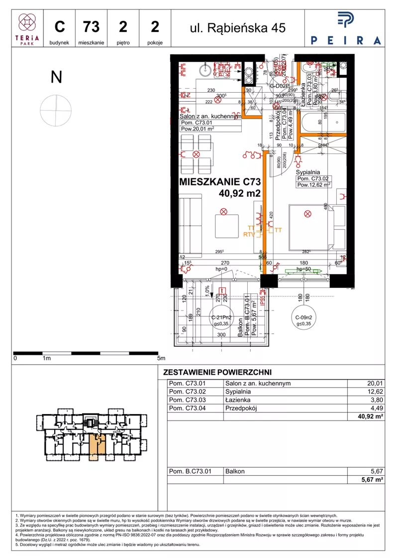 2 pokoje, mieszkanie 40,92 m², piętro 2, oferta nr C73, Teria Park, Łódź, Polesie, Złotno, ul. Rąbieńska 45