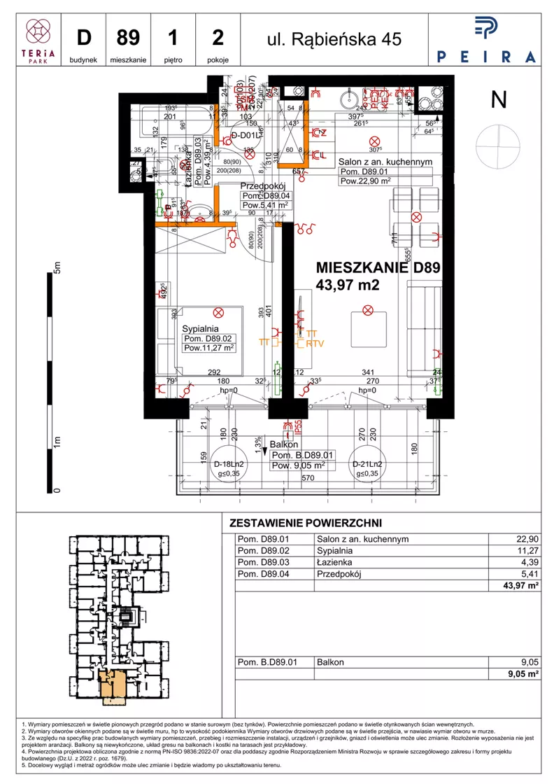 2 pokoje, mieszkanie 43,97 m², piętro 1, oferta nr D89, Teria Park, Łódź, Polesie, Złotno, ul. Rąbieńska 45