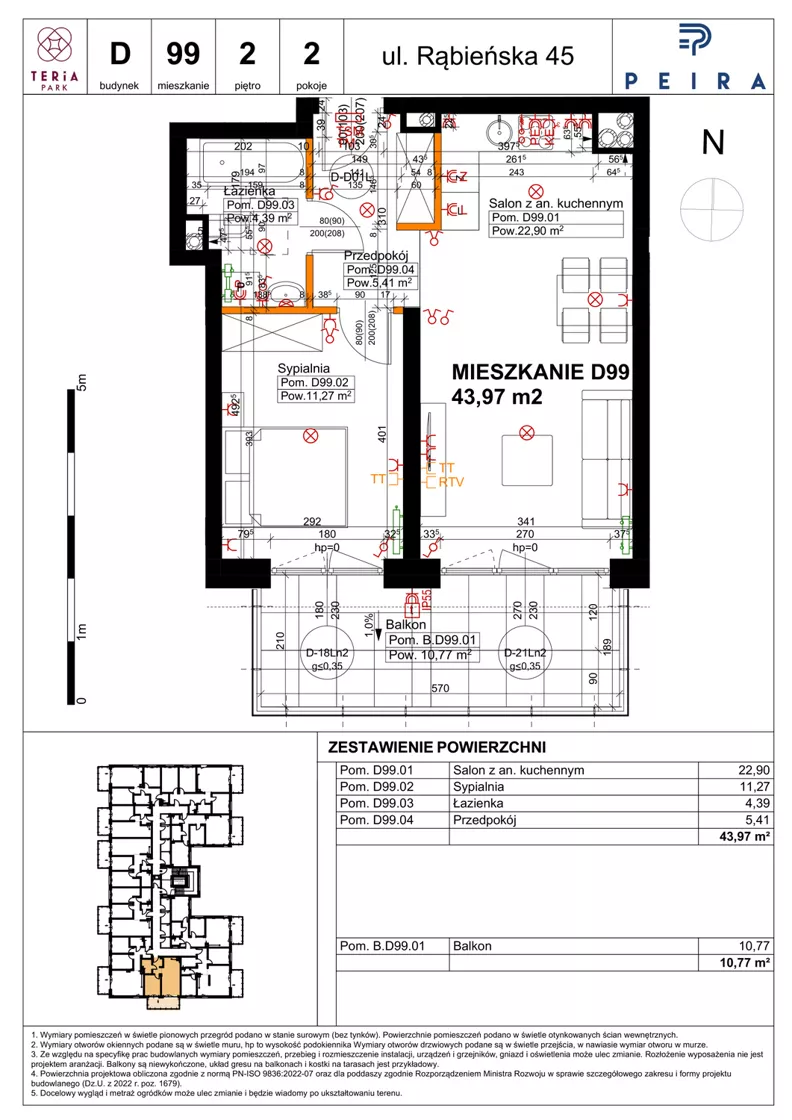 2 pokoje, mieszkanie 43,97 m², piętro 2, oferta nr D99, Teria Park, Łódź, Polesie, Złotno, ul. Rąbieńska 45