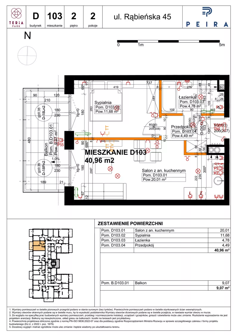 2 pokoje, mieszkanie 40,96 m², piętro 2, oferta nr D103, Teria Park, Łódź, Polesie, Złotno, ul. Rąbieńska 45