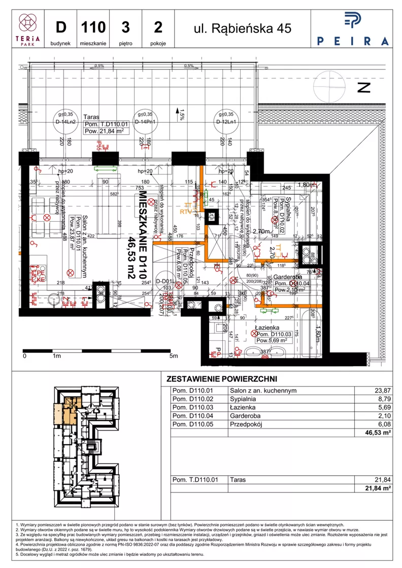 2 pokoje, mieszkanie 46,53 m², piętro 3, oferta nr D110, Teria Park, Łódź, Polesie, Złotno, ul. Rąbieńska 45