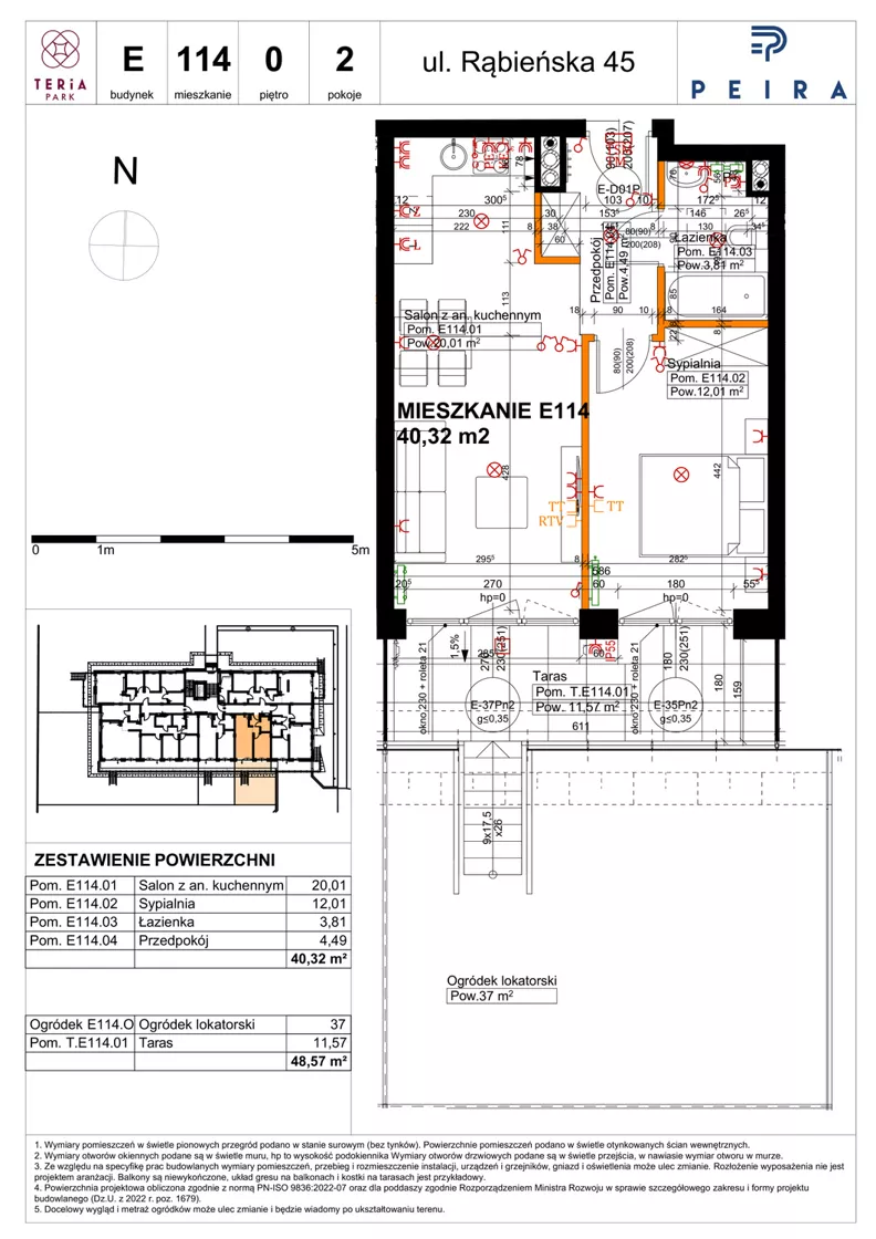 2 pokoje, mieszkanie 40,32 m², parter, oferta nr E114, Teria Park, Łódź, Polesie, Złotno, ul. Rąbieńska 45