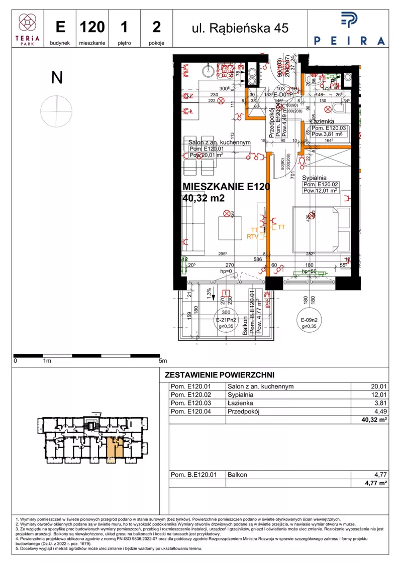 2 pokoje, mieszkanie 40,32 m², piętro 1, oferta nr E120, Teria Park, Łódź, Polesie, Złotno, ul. Rąbieńska 45