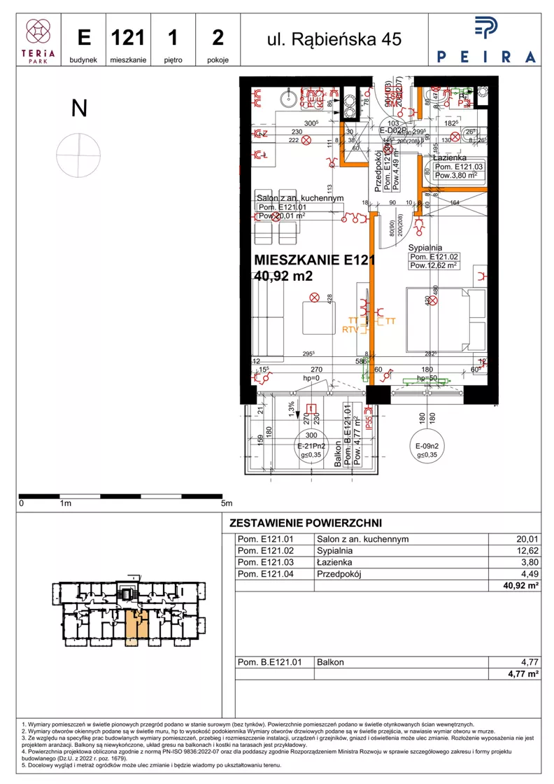 2 pokoje, mieszkanie 40,92 m², piętro 1, oferta nr E121, Teria Park, Łódź, Polesie, Złotno, ul. Rąbieńska 45